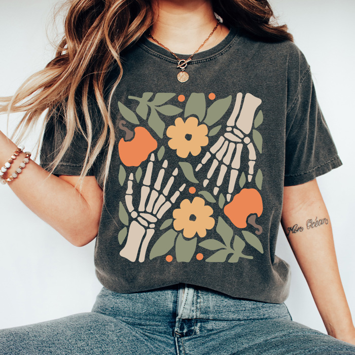  Boho Skeleton Hands Graphic Tee, Fall Pumpkins Shirt, Halloween Skeleton Comfort Colors Tee 