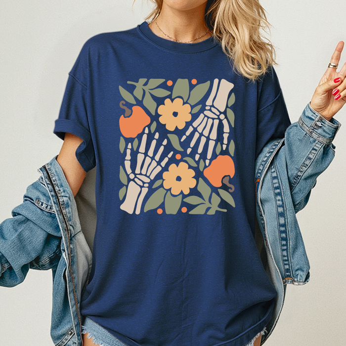  Boho Skeleton Hands Graphic Tee, Fall Pumpkins Shirt, Halloween Skeleton Comfort Colors Tee 