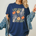 XL Navy  Boho Skeleton Hands Graphic Tee, Fall Pumpkins Shirt, Halloween Skeleton Comfort Colors Tee 