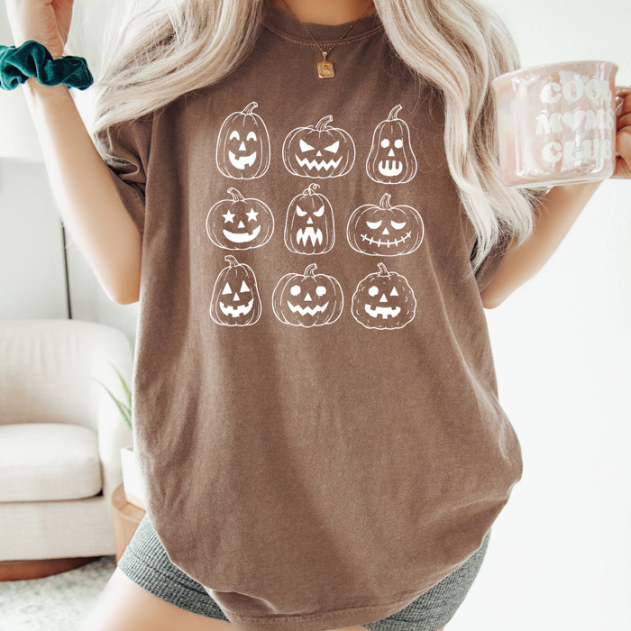 Halloween Jack O Lantern Graphic Tee, Pumpkin Grid Shirt, Spooky Face Comfort Colors Tee 