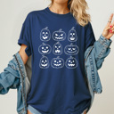 Large Navy Halloween Jack O Lantern Graphic Tee, Pumpkin Grid Shirt, Spooky Face Comfort Colors Tee 