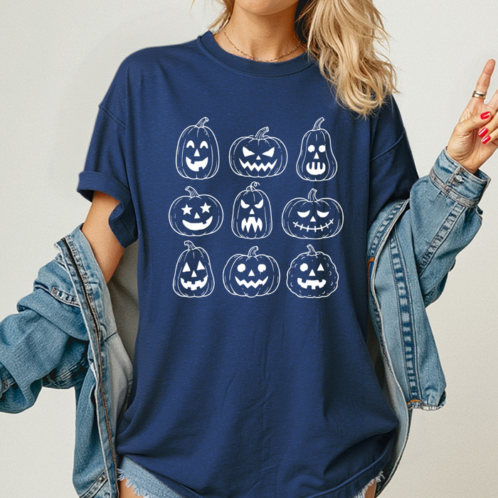 Halloween Jack O Lantern Graphic Tee, Pumpkin Grid Shirt, Spooky Face Comfort Colors Tee 