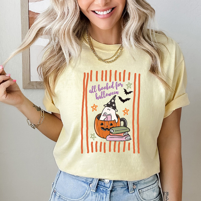All Booked For Halloween Graphic Tee, Ghost Reading Shirt, Halloween Books Comfort Colors Tee