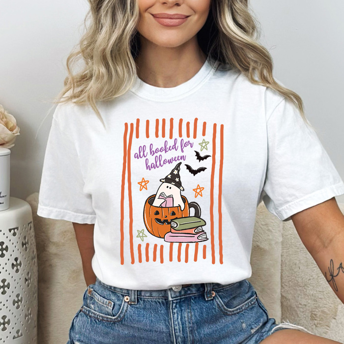 All Booked For Halloween Graphic Tee, Ghost Reading Shirt, Halloween Books Comfort Colors Tee