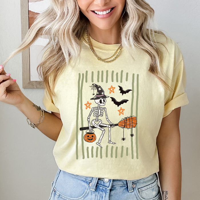 Skeleton Witch Halloween Graphic Tee, Boom Stick Shirt, Halloween Stripes Comfort Colors Tee