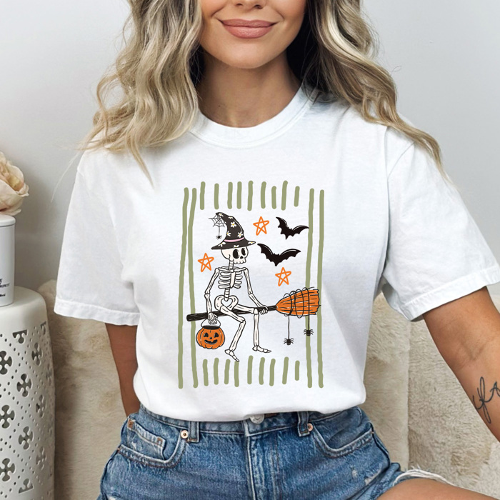 Skeleton Witch Halloween Graphic Tee, Boom Stick Shirt, Halloween Stripes Comfort Colors Tee