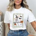 Small White Skeleton Witch Halloween Graphic Tee, Boom Stick Shirt, Halloween Stripes Comfort Colors Tee