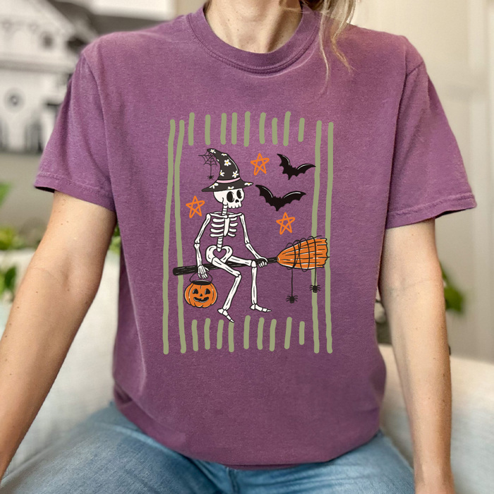 Skeleton Witch Halloween Graphic Tee, Boom Stick Shirt, Halloween Stripes Comfort Colors Tee