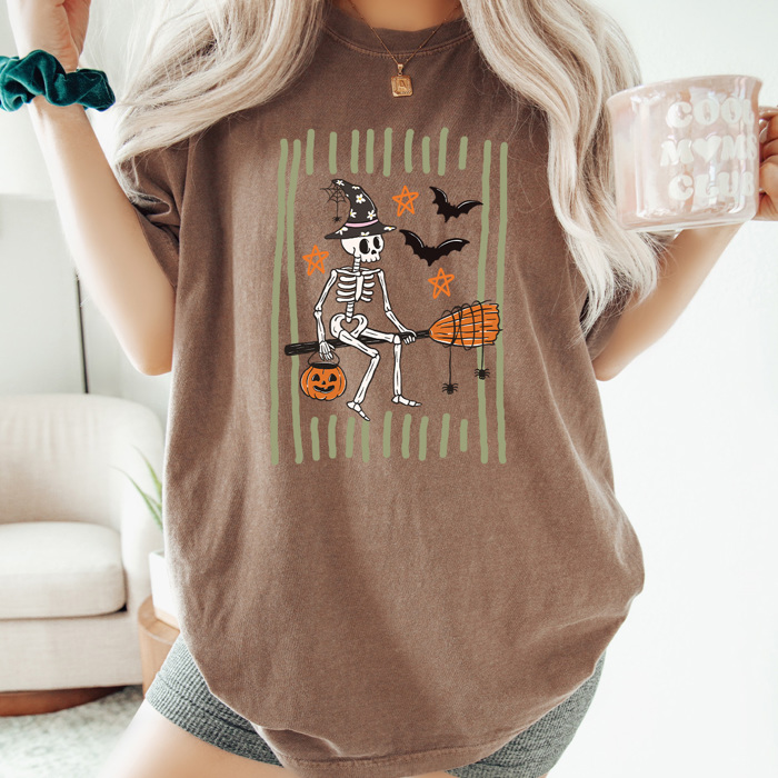 Skeleton Witch Halloween Graphic Tee, Boom Stick Shirt, Halloween Stripes Comfort Colors Tee