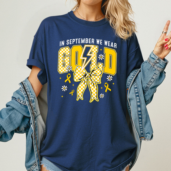 In September We Wear Gold Graphic Tee, Childhood Cancer Awareness Comfort Colors Tee 