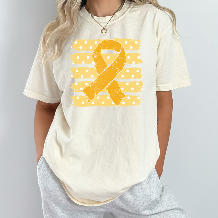 Gold Ribbon Stripes Graphic Tee, Childhood Cancer Awareness Comfort Colors Tee  