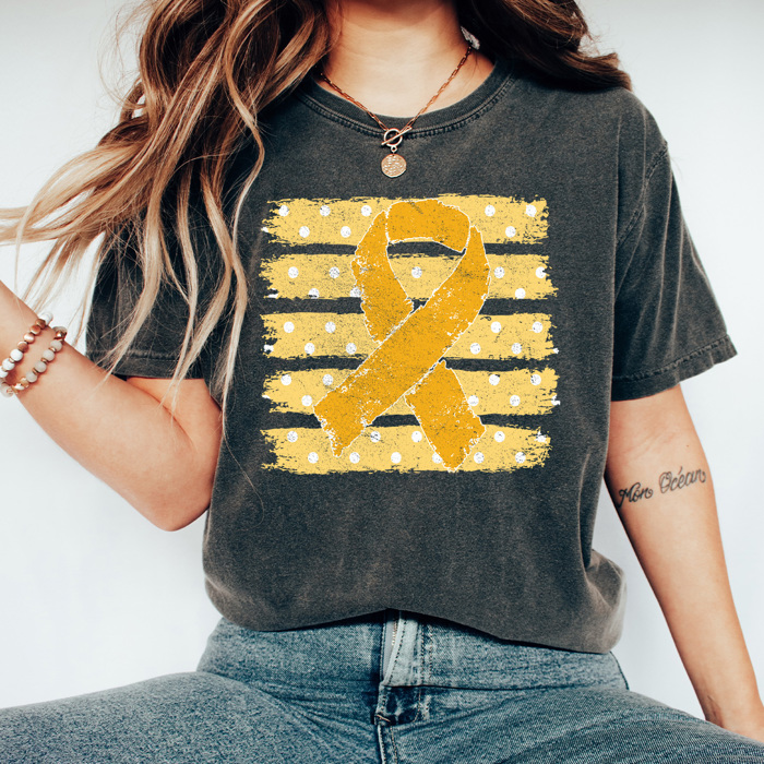 Gold Ribbon Stripes Graphic Tee, Childhood Cancer Awareness Comfort Colors Tee  