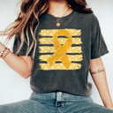  Gold Ribbon Stripes Graphic Tee, Childhood Cancer Awareness Comfort Colors Tee  