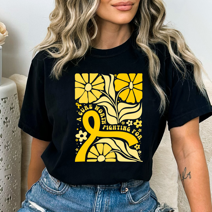 A Cure Worth Fighting For Graphic Tee, Gold Ribbon Flowers Shirt, Childhood Cancer Comfort Colors Tee