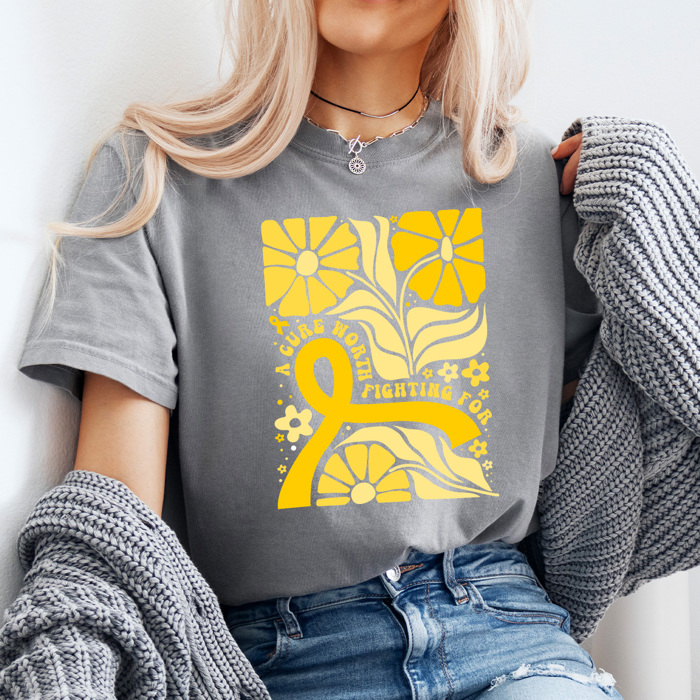 A Cure Worth Fighting For Graphic Tee, Gold Ribbon Flowers Shirt, Childhood Cancer Comfort Colors Tee