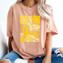 Medium Peachy A Cure Worth Fighting For Graphic Tee, Gold Ribbon Flowers Shirt, Childhood Cancer Comfort Colors Tee