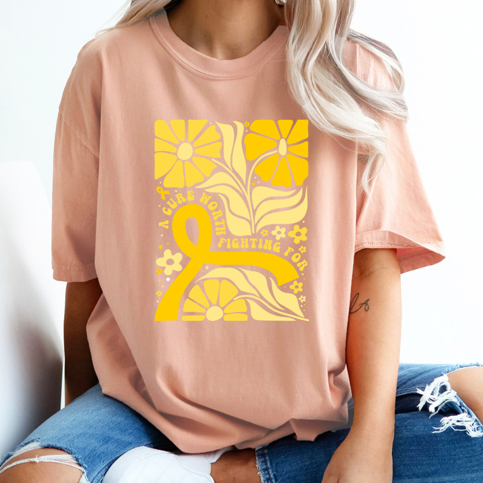 A Cure Worth Fighting For Graphic Tee, Gold Ribbon Flowers Shirt, Childhood Cancer Comfort Colors Tee