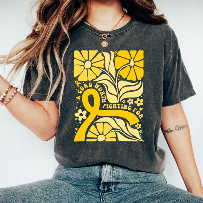 A Cure Worth Fighting For Graphic Tee, Gold Ribbon Flowers Shirt, Childhood Cancer Comfort Colors Tee