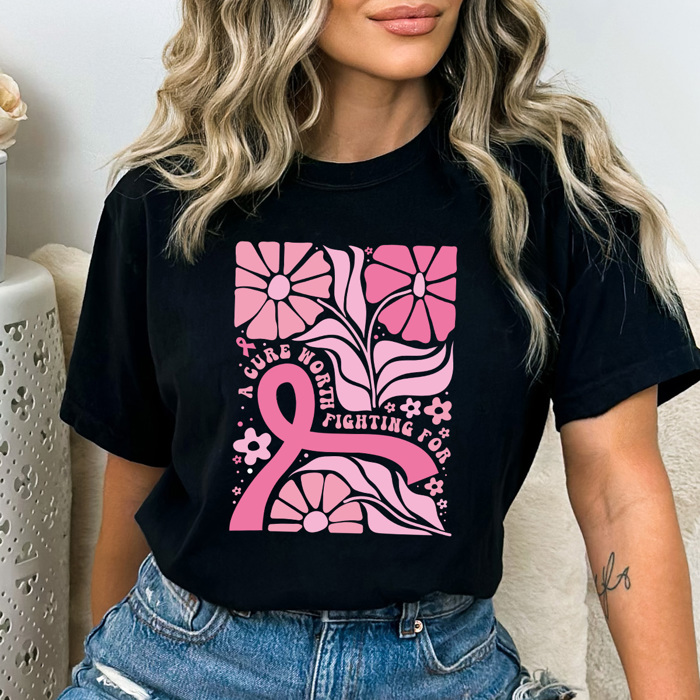 A Cure Worth Fighting For Graphic Tee, Pink Ribbon Flowers Shirt, Breast Cancer Comfort Colors Tee