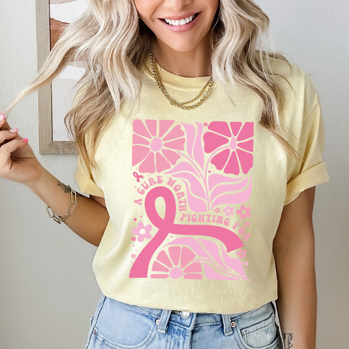 A Cure Worth Fighting For Graphic Tee, Pink Ribbon Flowers Shirt, Breast Cancer Comfort Colors Tee