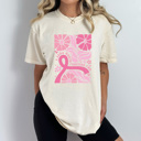 Large Ivory A Cure Worth Fighting For Graphic Tee, Pink Ribbon Flowers Shirt, Breast Cancer Comfort Colors Tee