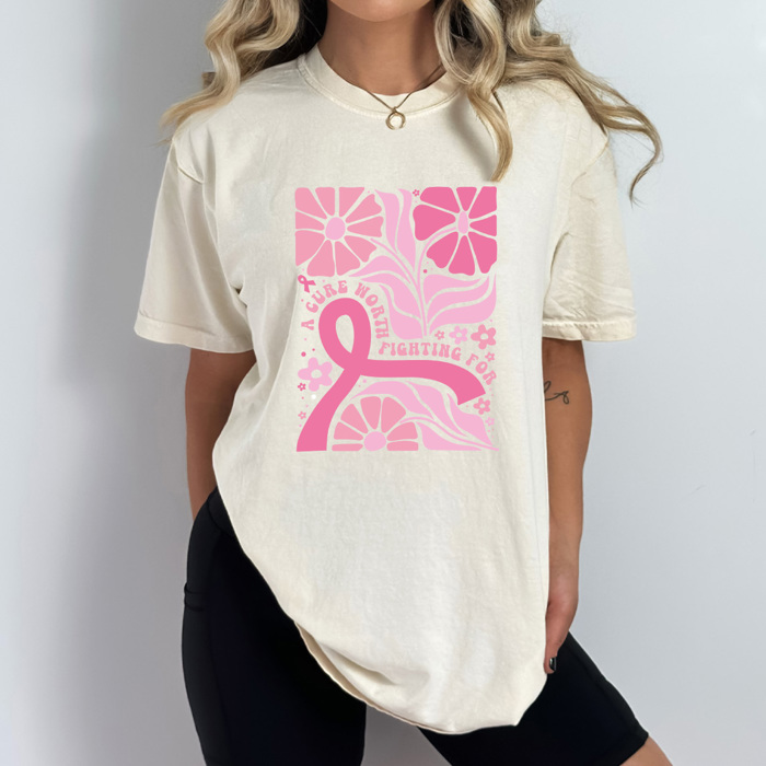 A Cure Worth Fighting For Graphic Tee, Pink Ribbon Flowers Shirt, Breast Cancer Comfort Colors Tee