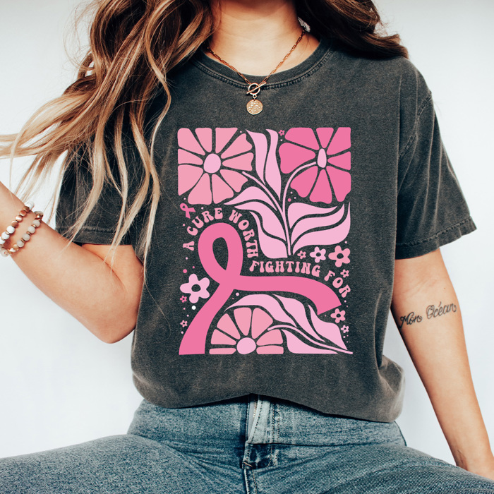 A Cure Worth Fighting For Graphic Tee, Pink Ribbon Flowers Shirt, Breast Cancer Comfort Colors Tee
