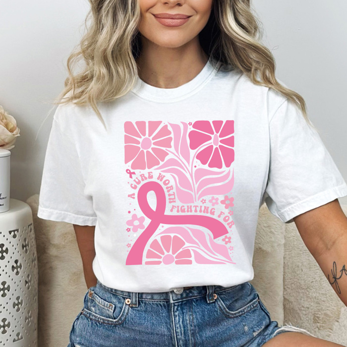 A Cure Worth Fighting For Graphic Tee, Pink Ribbon Flowers Shirt, Breast Cancer Comfort Colors Tee