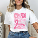 Large White A Cure Worth Fighting For Graphic Tee, Pink Ribbon Flowers Shirt, Breast Cancer Comfort Colors Tee