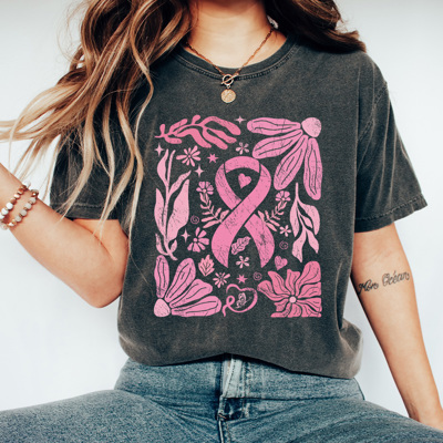 Vintage Pink Ribbon Floral Graphic Tee, Breast Cancer Shirt, Pink Ribbon Awareness Comfort Colors Tee