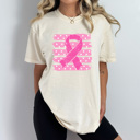  Pink Ribbon Striped Graphic Tee, Breast Cancer Shirt, Pink Ribbon Comfort Colors Tee