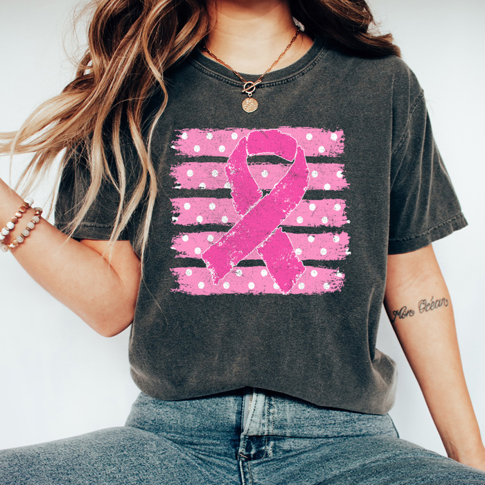 Pink Ribbon Striped Graphic Tee, Breast Cancer Shirt, Pink Ribbon Comfort Colors Tee