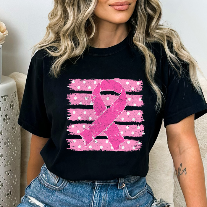 Pink Ribbon Striped Graphic Tee, Breast Cancer Shirt, Pink Ribbon Comfort Colors Tee