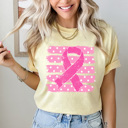 Small Butter Pink Ribbon Striped Graphic Tee, Breast Cancer Shirt, Pink Ribbon Comfort Colors Tee