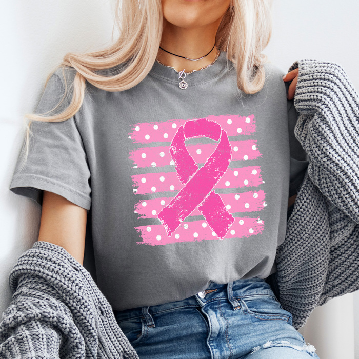 Pink Ribbon Striped Graphic Tee, Breast Cancer Shirt, Pink Ribbon Comfort Colors Tee