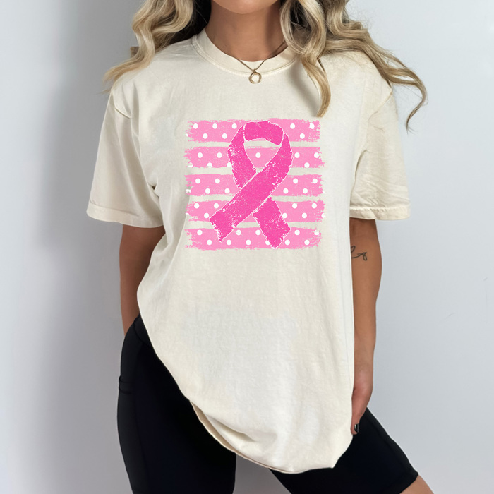 Pink Ribbon Striped Graphic Tee, Breast Cancer Shirt, Pink Ribbon Comfort Colors Tee