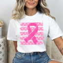 Large White Pink Ribbon Striped Graphic Tee, Breast Cancer Shirt, Pink Ribbon Comfort Colors Tee