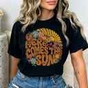 Small Black Groovy Here Comes The Sun Graphic Tee, Summer Tshirt, Sunshine Tee, Music Shirt, Rock Band Tee