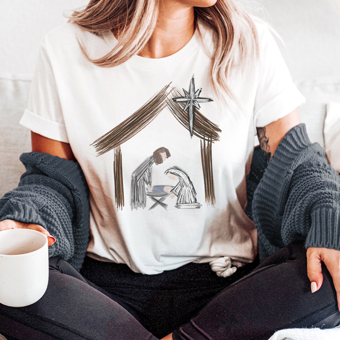 Nativity Sketch Graphic Tee, Nativity Shirt, Christmas Graphic Tee, Jesus Shirt, Religious Shirt, Merry Christmas Shirt