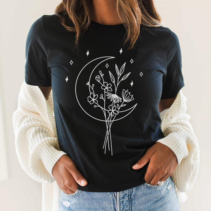 Boho Moon Bouquet Graphic Tee – Trendy Wildflower Shirt