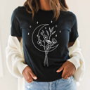 XXL Black Boho Moon Bouquet Graphic Tee – Trendy Wildflower Shirt