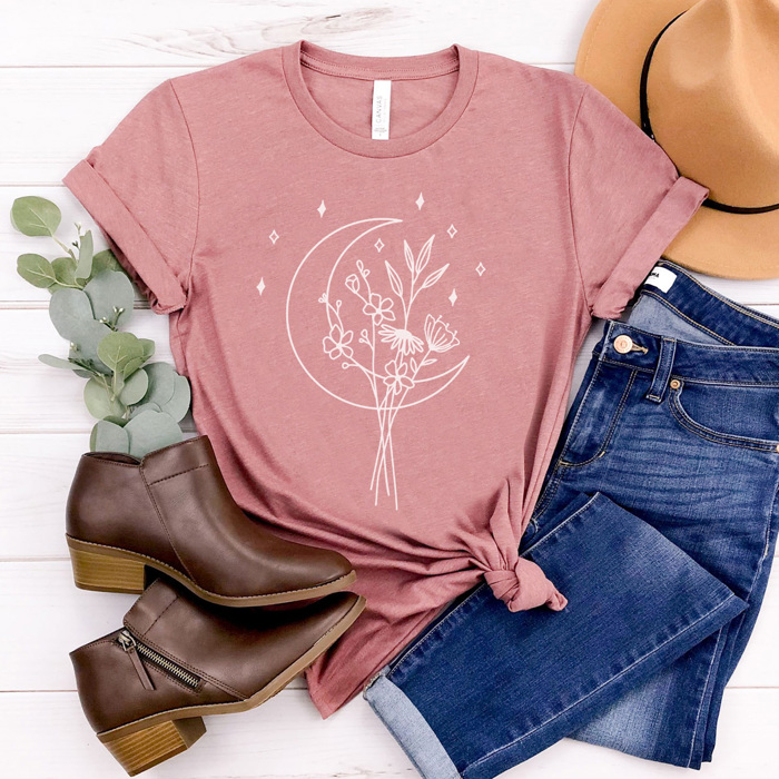Boho Moon Bouquet Graphic Tee – Trendy Wildflower Shirt