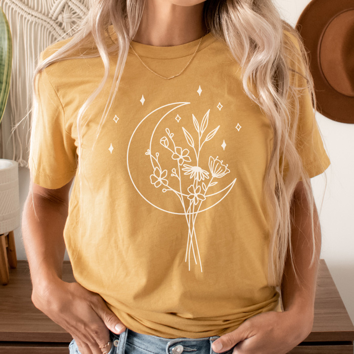 Boho Moon Bouquet Graphic Tee – Trendy Wildflower Shirt