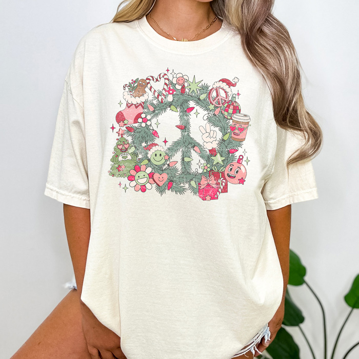 Christmas Retro Peace Graphic Tee, Cute Christmas Shirt, Holiday Graphic Tee