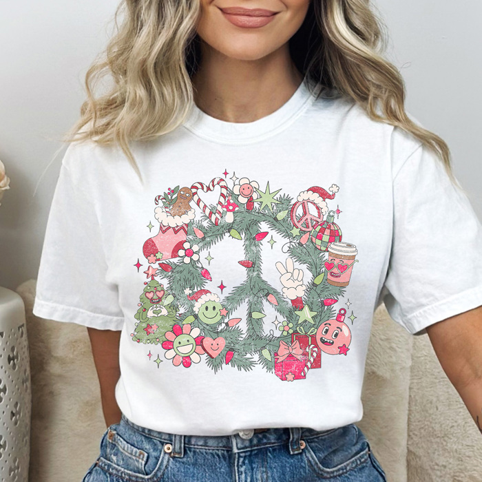 Christmas Retro Peace Graphic Tee, Cute Christmas Shirt, Holiday Graphic Tee