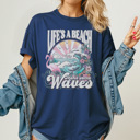 Large Navy Life's A Beach Graphic Tee, Summer Tee, Beach Day Shirt, Vacation Tee, Mave Waves Shirt, Vintage Style, Comfort Colors