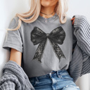 Large Light Gray Halloween Coquette Bow Graphic Tee, Halloween Shirt, Spooky Season, Coquette Bow Tee