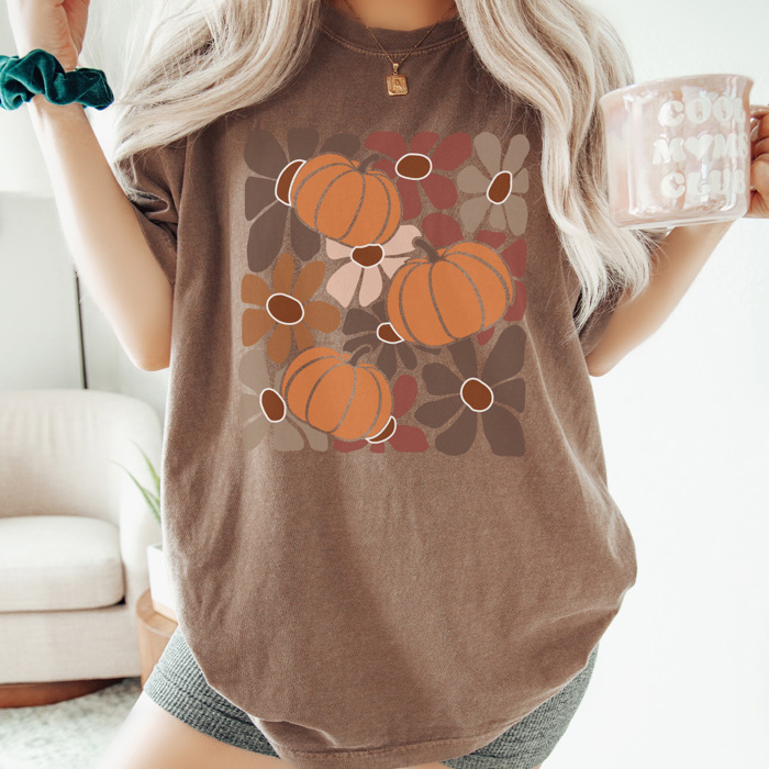 Boho Pumpkin Flowers Graphic Tee, Boho Shirt, Fall Graphic Tee, Trendy Shirt