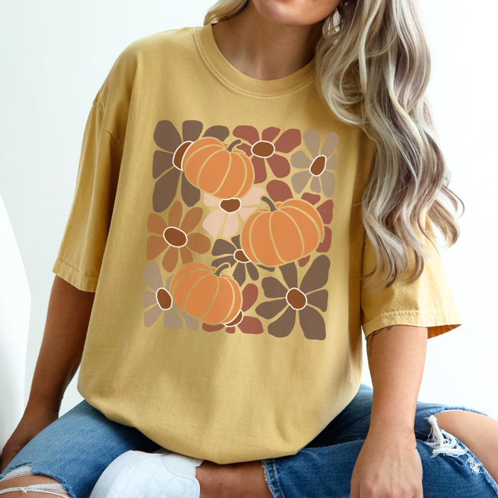 Boho Pumpkin Flowers Graphic Tee, Boho Shirt, Fall Graphic Tee, Trendy Shirt