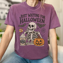 Medium Berry Just Waiting For Halloween Graphic Tee, Funny Halloween Shirt, Skelenton Tee, Hallowen Graphic Tee